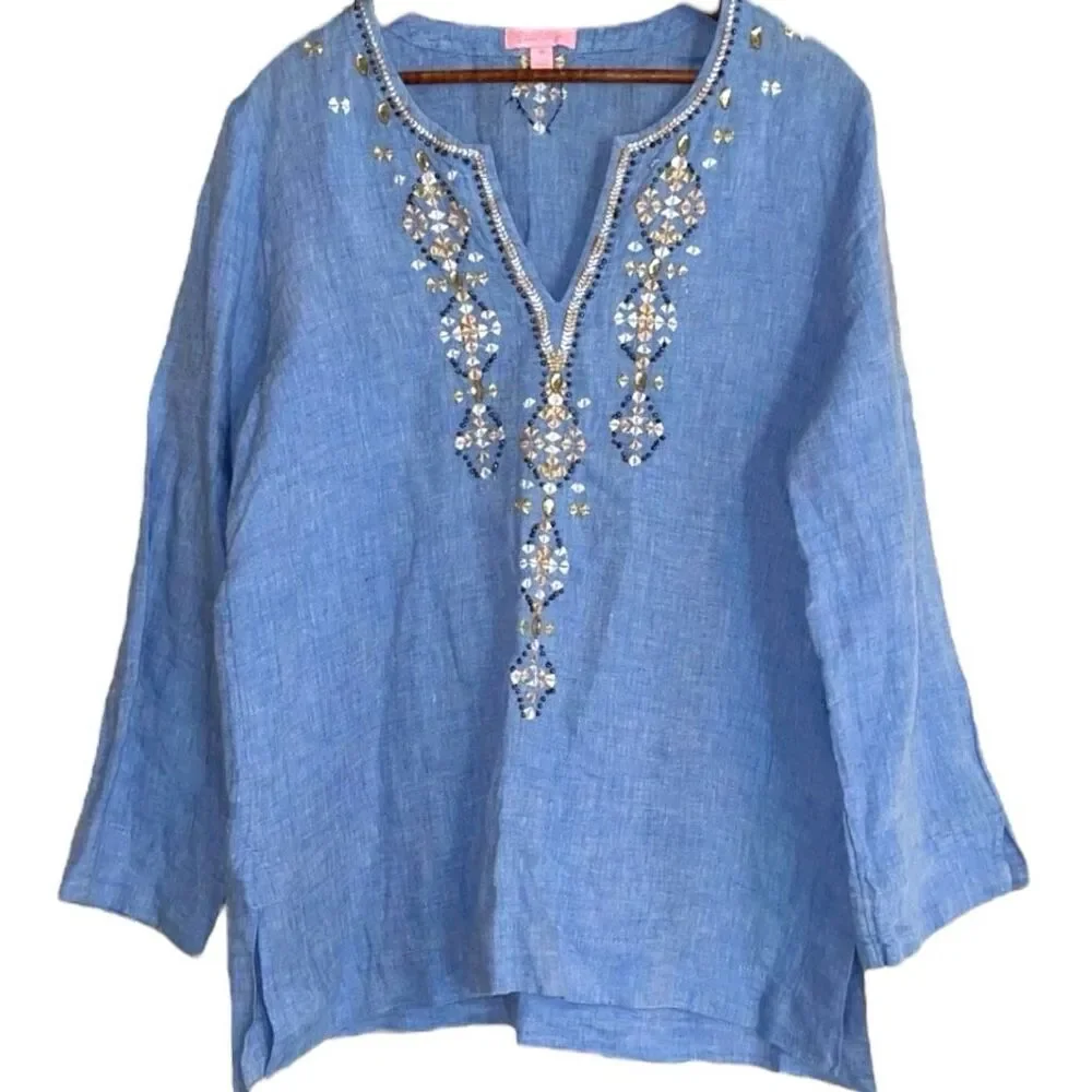 Lilly Pulitzer Amelia Island Tunic S Bennet Blue Linen Embroidered Top NWT Resor